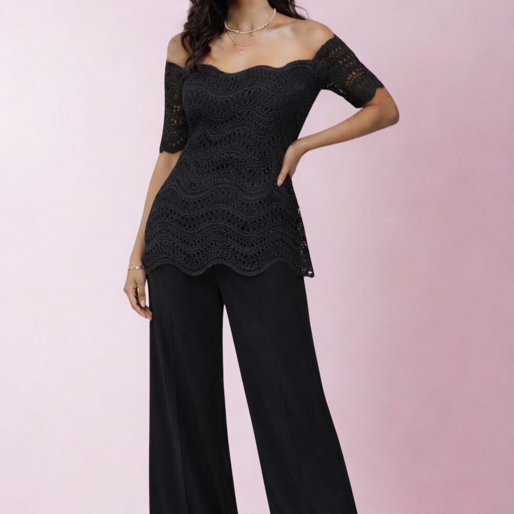 Lela Rose Black Lace off the Shoulder Top